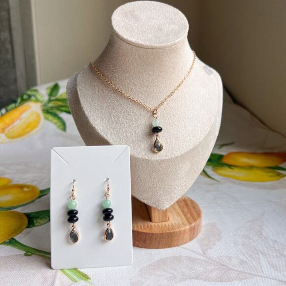 Jewelry Set Black Agate Chrysoprase, Mint Jewelry Set, Black Casual Jewelry
